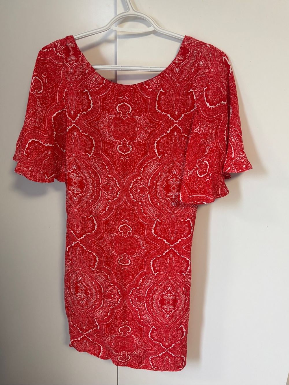 Lulu's Red Paisley Flutter Sleeve Sheath Dress